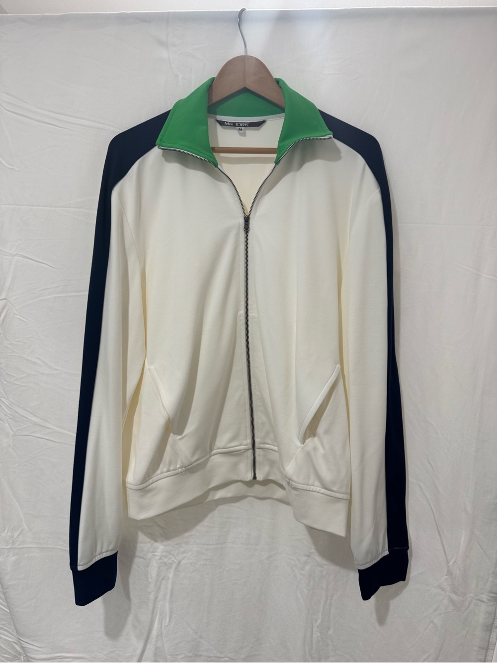 Mr. Turk Men's Off White Track Jacket with Green Collar and Blue Stripe Sleeves